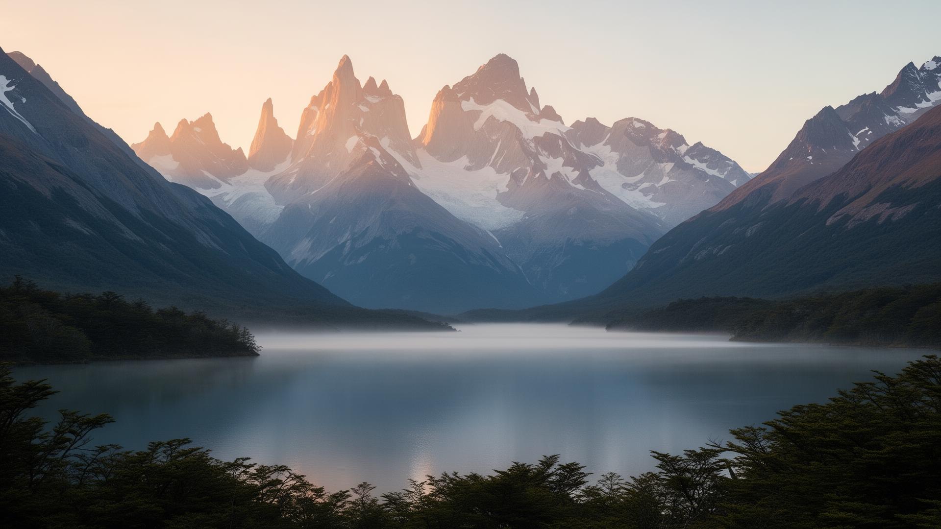 Misty lake at dawn in Patagonia